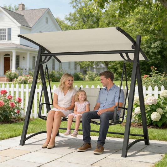 A family of three relaxing on the garden swing bench on a patio