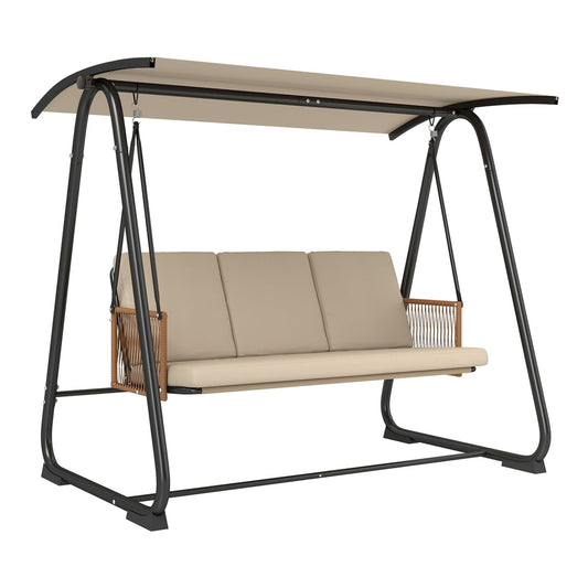 Outsunny 3 Seater Swing Chair with Adjustable Canopy in sand brown with a black metal frame