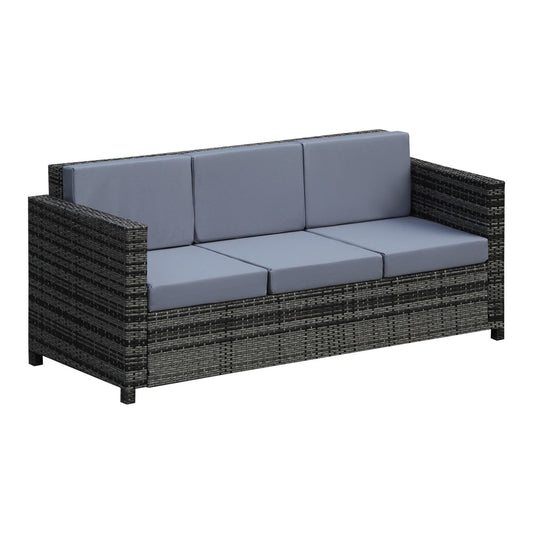 Outsunny 3 Seater All Weather Outdoor Sofa, a grey rattan sofa with three seat cushions and back cushions