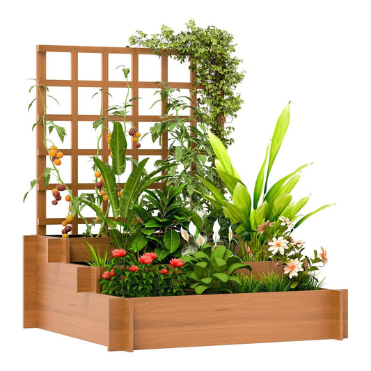 Outsunny 3 Tier Garden Planters filled with various green plants and flowers on a white background
