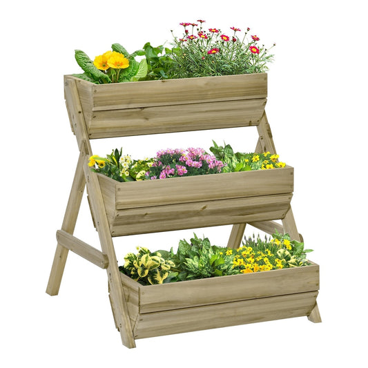 Outsunny 3 Tier Raised Garden Bed with three tiers of wooden planters filled with flowers