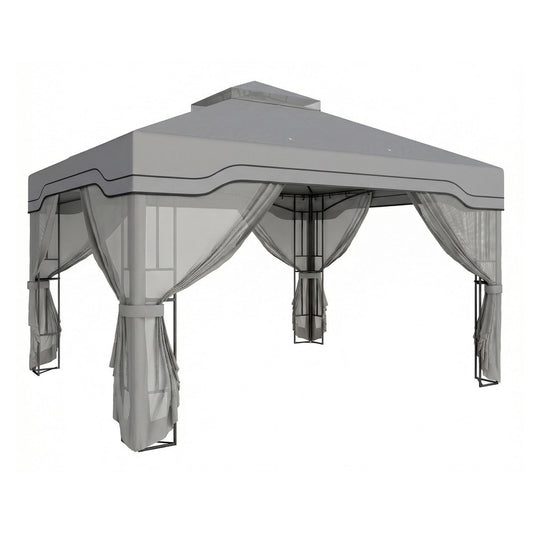 Outsunny Outdoor Garden Gazebo with Post Shelves, a grey structure with a double roof and draped sides