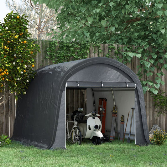 The outdoor storage tent is shown in use, housing a bicycle and a scooter in a garden setting