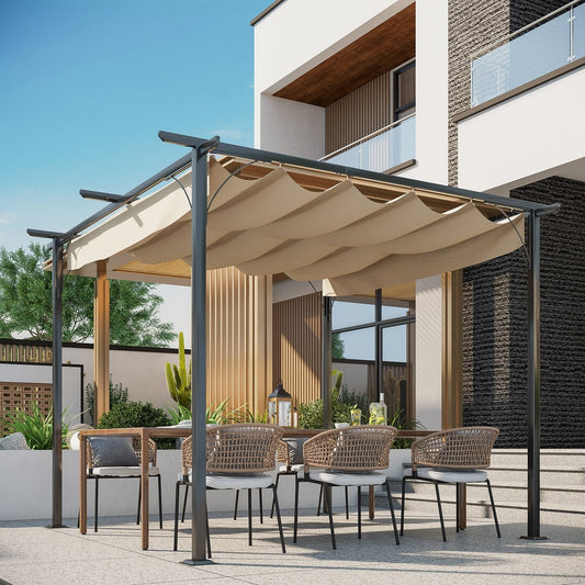 The beige metal pergola with retractable roof set up over a patio dining set with chairs and a table