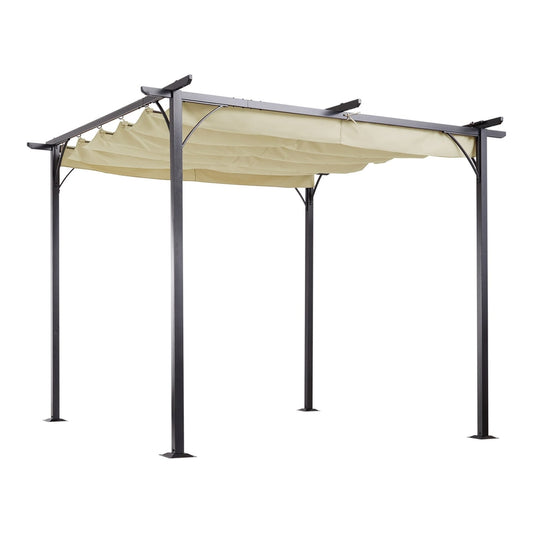 Outsunny 3 x 3(m) Metal Pergola with Retractable Roof, beige canopy, a garden gazebo with four posts