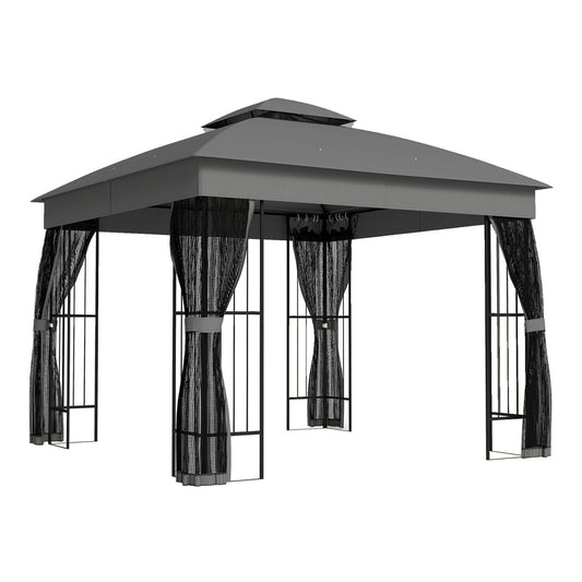Outsunny Outdoor Garden Gazebo with Post Shelves in grey with black curtains on a white background