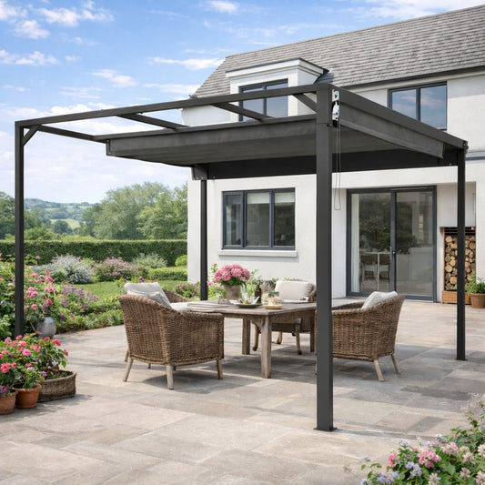 The aluminium pergola with retractable roof set up in a garden with outdoor furniture