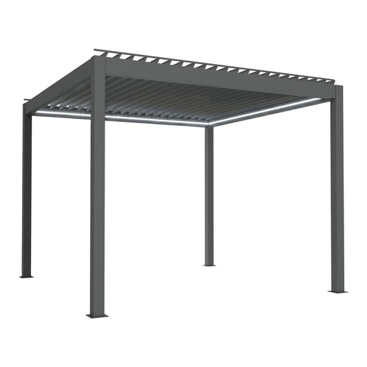 Outsunny Electric Louvered Pergola with LED Lights, a modern grey aluminium structure with a slatted roof