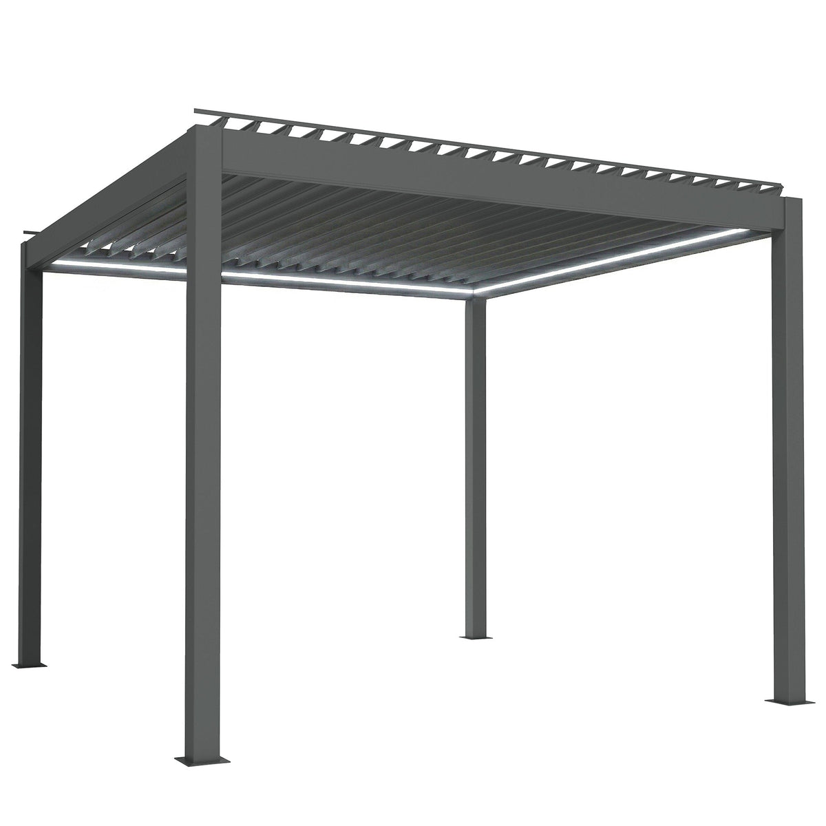 Outsunny Electric Louvered Pergola with LED Lights, a modern grey aluminium structure with a slatted roof
