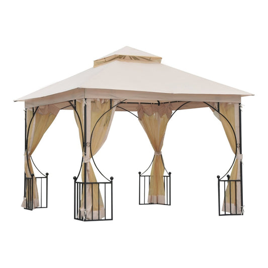 Outsunny Garden Gazebo Patio Party Tent Shelter in beige with a double tier roof and curtains