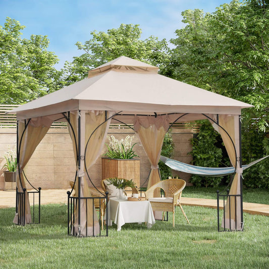 The beige garden gazebo set up with a table and chairs on a patio