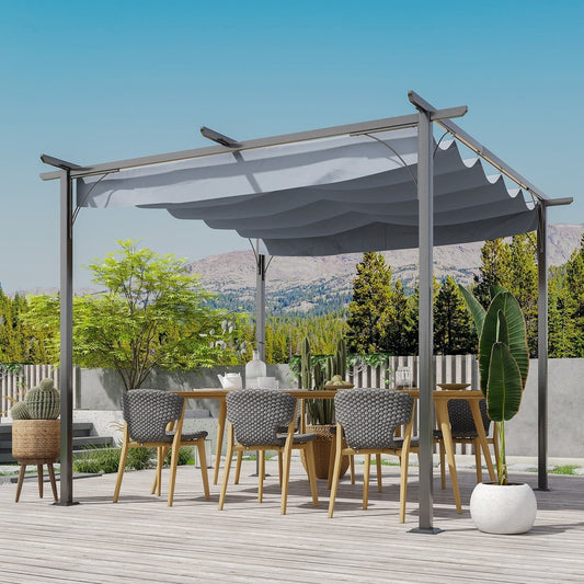 The garden gazebo set up with a table and chairs underneath on a wooden deck