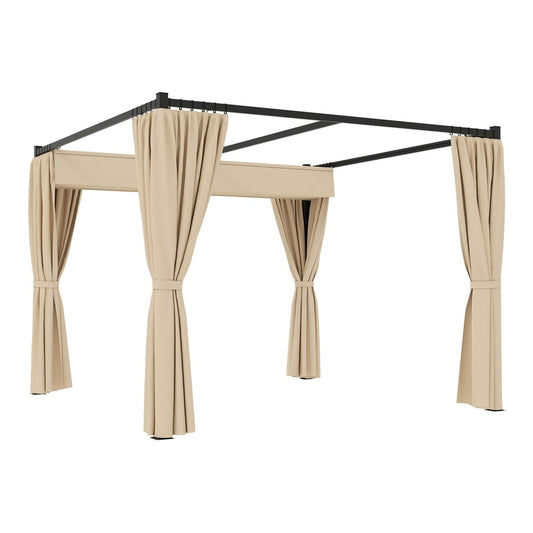 Outsunny Retractable Pergola garden gazebo shelter with beige curtains