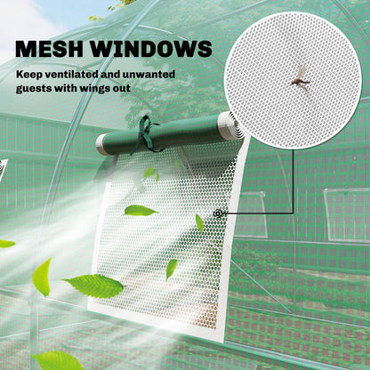 Close up of the mesh windows on the walk-in polytunnel greenhouse, keeping insects out