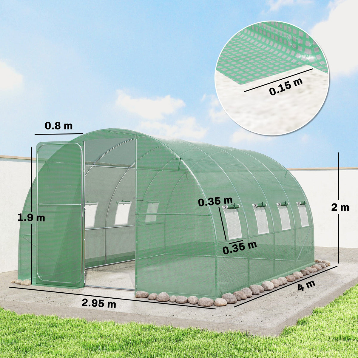 The walk-in polytunnel greenhouse with dimensions shown
