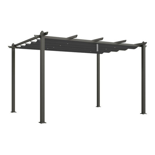 Outsunny Aluminium Pergola, a dark grey structure with a retractable roof and four legs