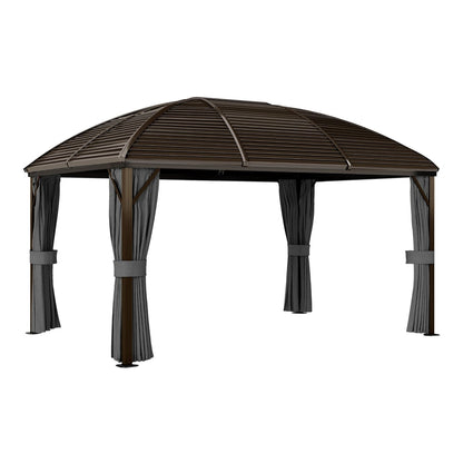 Outsunny Hardtop Gazebo Canopy with Metal Roof, a dark grey metal gazebo with a sloped roof and curtains
