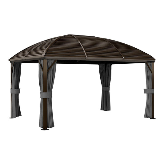 Outsunny Hardtop Gazebo Canopy with Metal Roof, a dark grey metal gazebo with a sloped roof and curtains