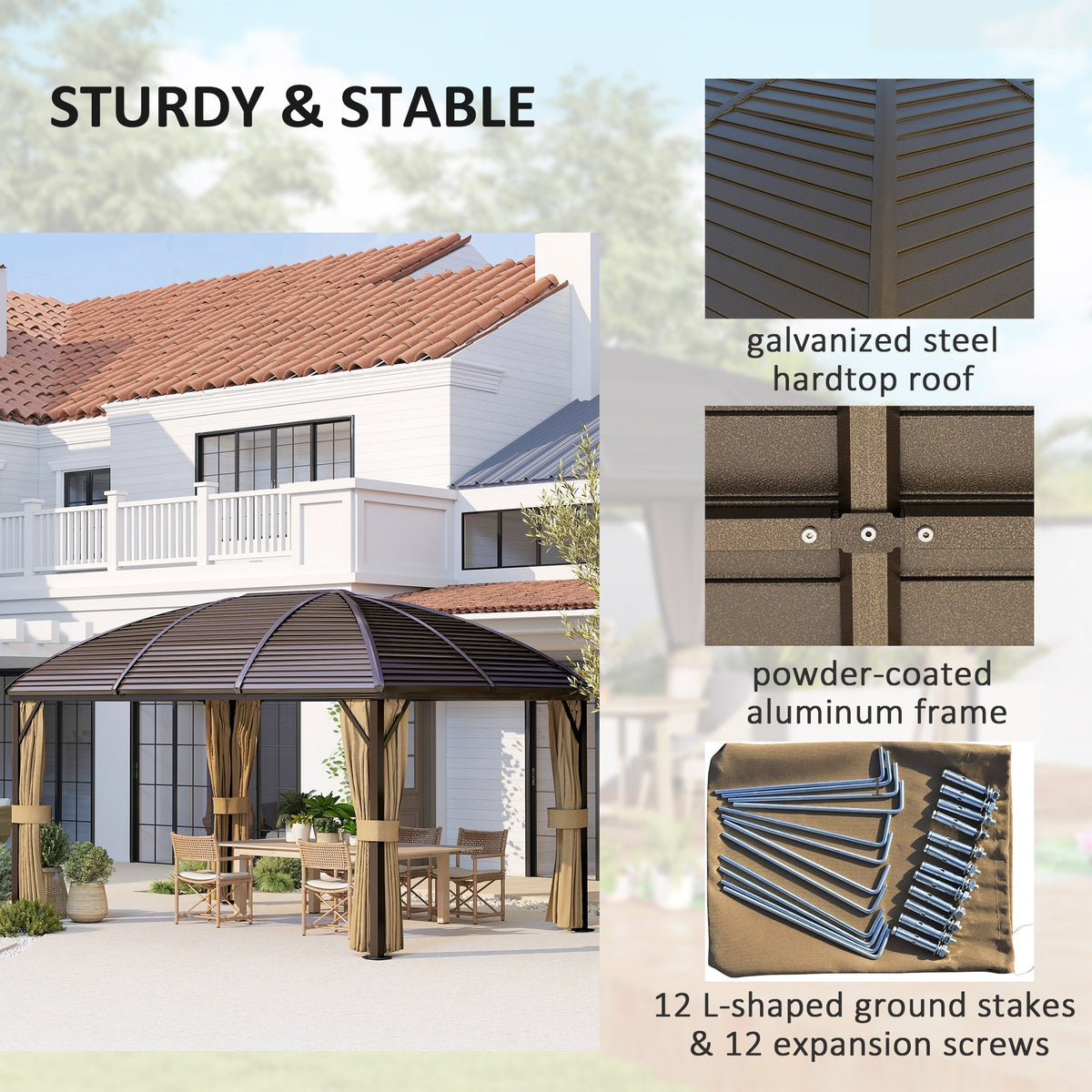 The metal gazebo with close-up details of the roof frame and the included ground stakes