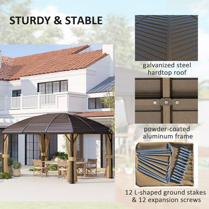 The metal gazebo with close-up details of the roof frame and the included ground stakes