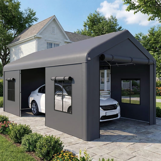 The dark grey portable garage tent protecting a white car on a paved driveway
