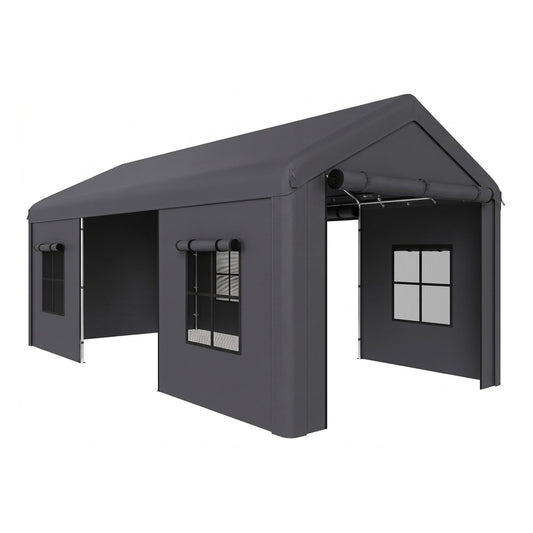 Outsunny Heavy Duty Carport in dark grey with roll-up doors and mesh windows on a white background
