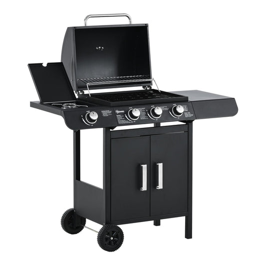 Outsunny 3+1 Burner Gas BBQ Grill, a black trolley barbecue with wheels and side shelves