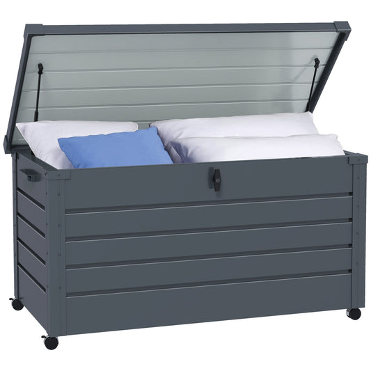 Outsunny 311L Galvanised Steel Garden Storage Box with lid open showing cushions inside