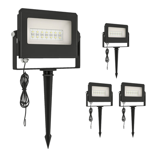 Outsunny 32W LED Floodlights shown as a set of four black garden lights with ground spikes