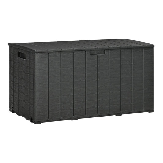 Outsunny 336 Litre Garden Storage Box in black, a large rectangular outdoor container with a hinged lid