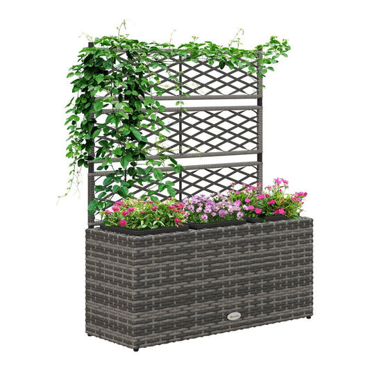 Outsunny 33L Garden PE Rattan Planter with Trellis featuring three flower boxes and climbing plants
