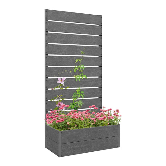 Outsunny Garden Planter with a tall grey slatted trellis and flowers planted in the base