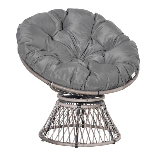 Outsunny 360 degrees Swivel Rattan Papasan Moon Bowl Chair with a large grey cushion on a grey woven base