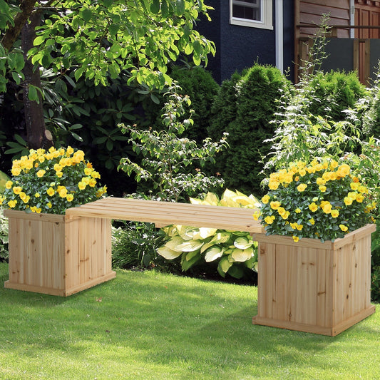 a wooden garden bench with two planters on either side sits on a lawn