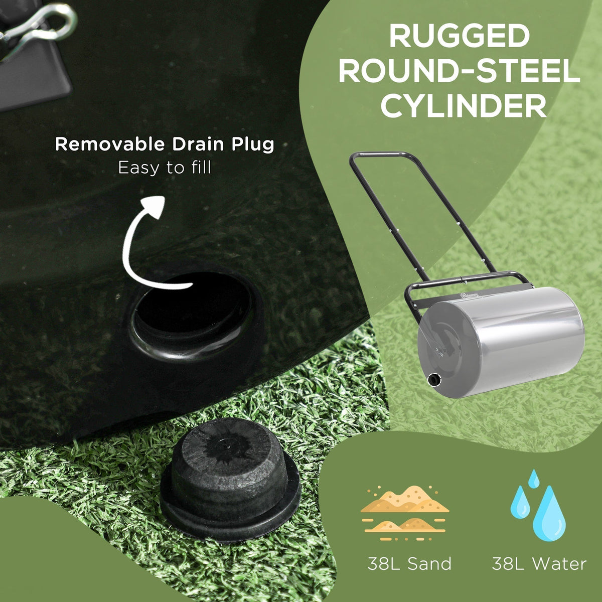 Close up of the fillable cylinder steel lawn roller showing the removable drain plug and fill options