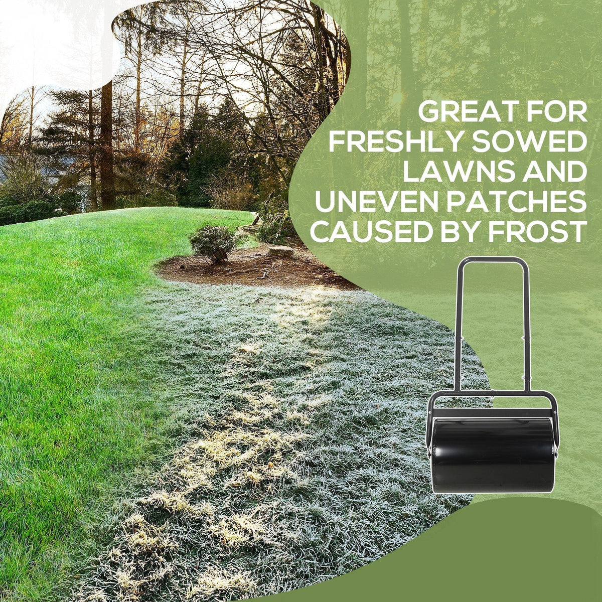 Fillable cylinder steel lawn roller on a frosty lawn with text about its uses