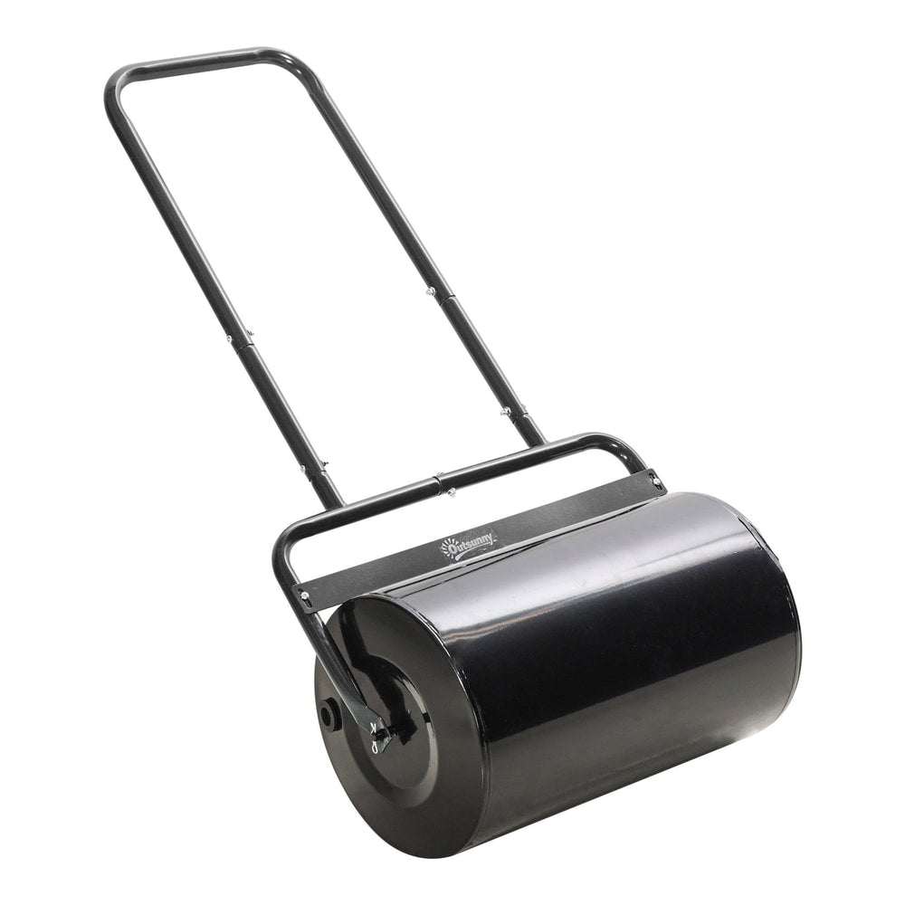 Outsunny 38L Fillable Cylinder Steel Lawn Roller with a black finish and adjustable handle