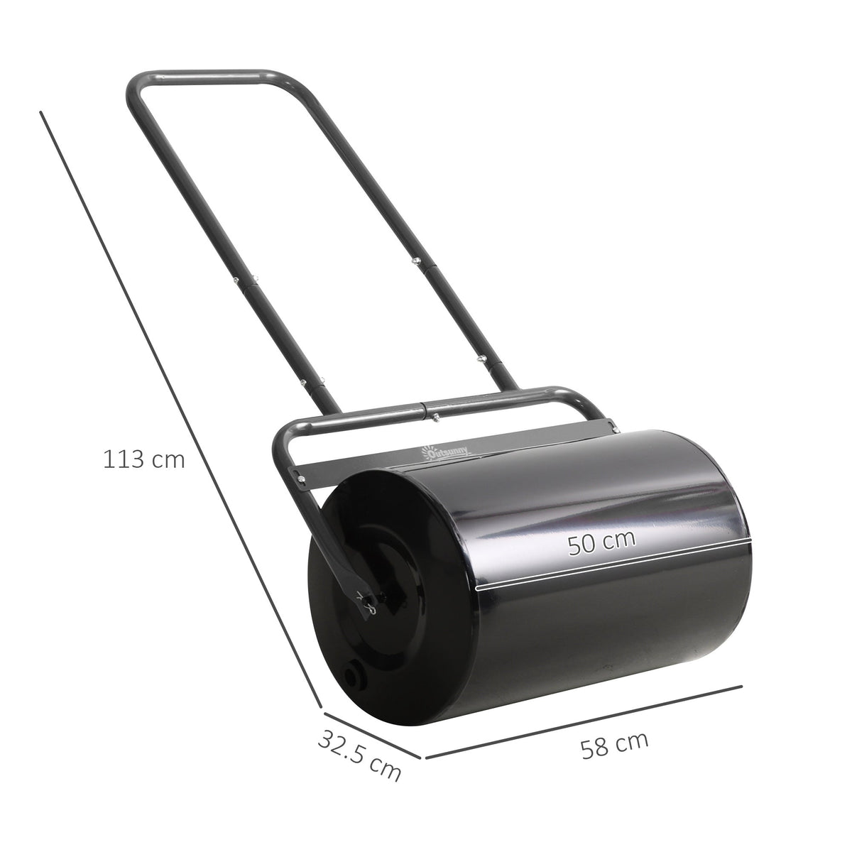 Dimensions of the fillable cylinder steel lawn roller shown with white text on a white background