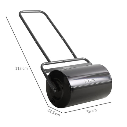 Dimensions of the fillable cylinder steel lawn roller shown with white text on a white background
