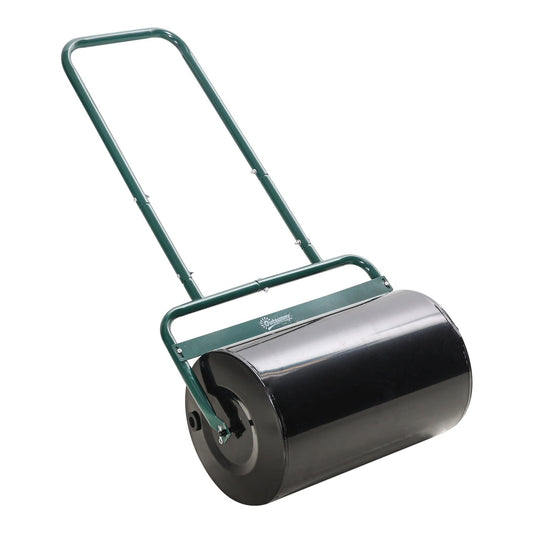 Outsunny 38L Fillable Cylinder Steel Lawn Roller dark green, a garden tool with a large black cylinder and green handles