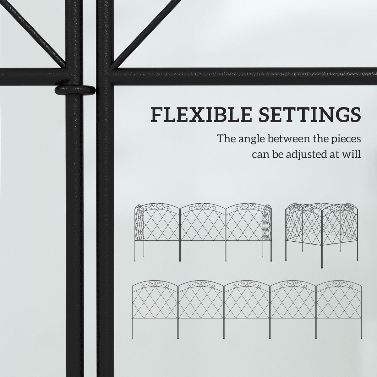 Close up of the decorative metal garden fence showing flexible angle settings