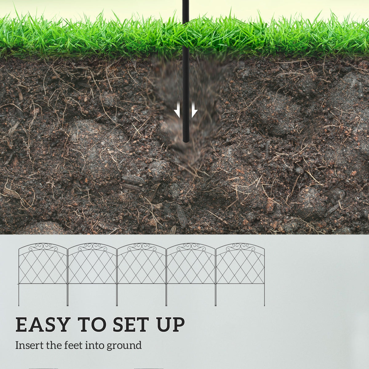 Diagram showing how to set up the decorative metal garden fence by inserting feet into the ground