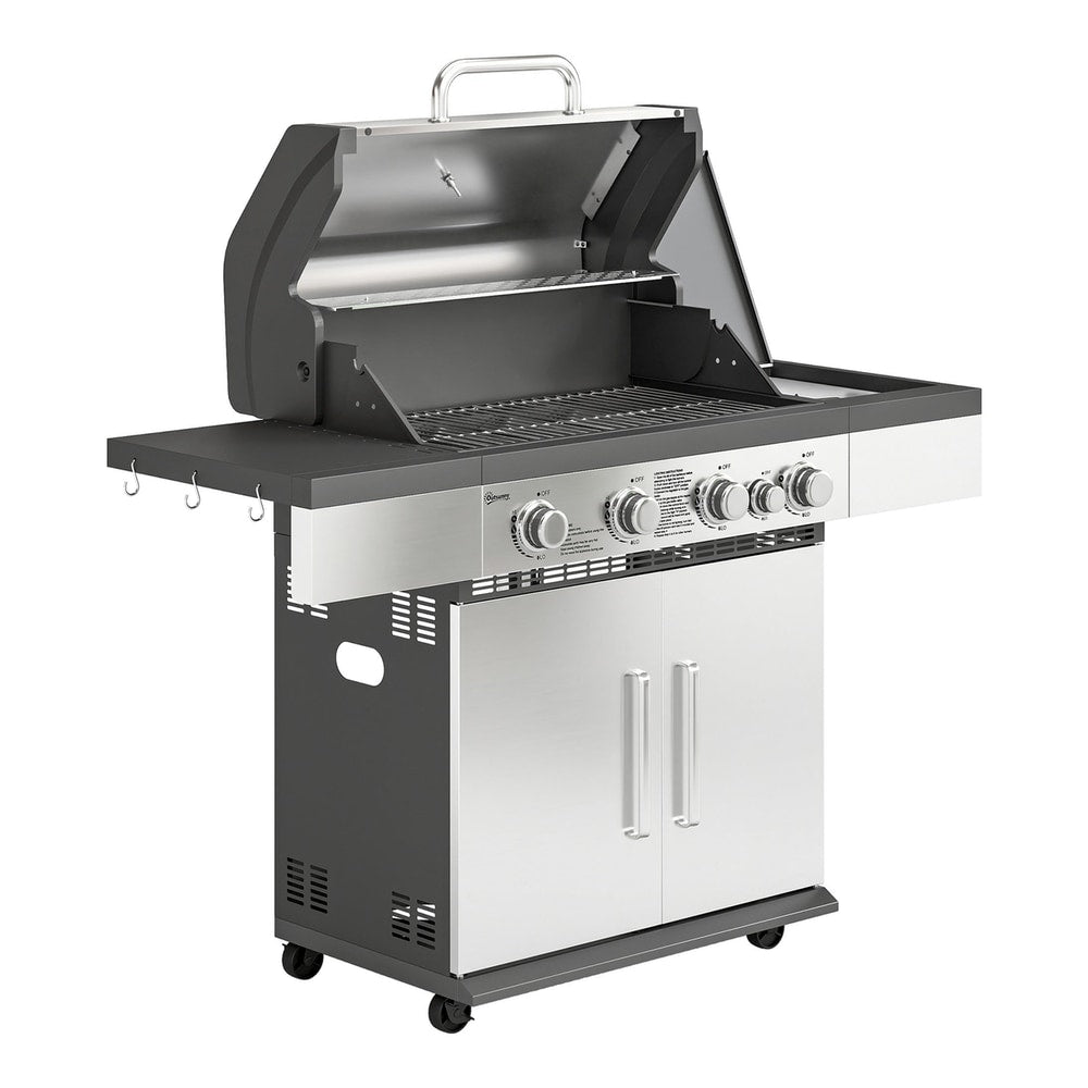 Outsunny 4+1 Burner Gas BBQ Grill with lid open, showing burners and warming rack