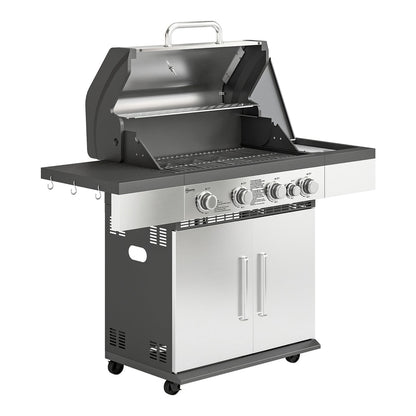 Outsunny 4+1 Burner Gas BBQ Grill with lid open, showing burners and warming rack
