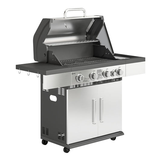 Outsunny 4+1 Burner Gas BBQ Grill with lid open, showing burners and warming rack