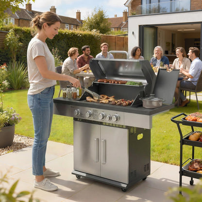 A woman grilling sausages and kebabs on the gas barbecue grill at an outdoor party