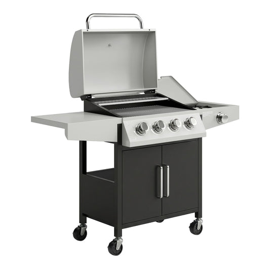 Outsunny 4+1 Burner Gas BBQ Grill with Side Burner, a portable gas barbecue grill with a lid open and side shelves