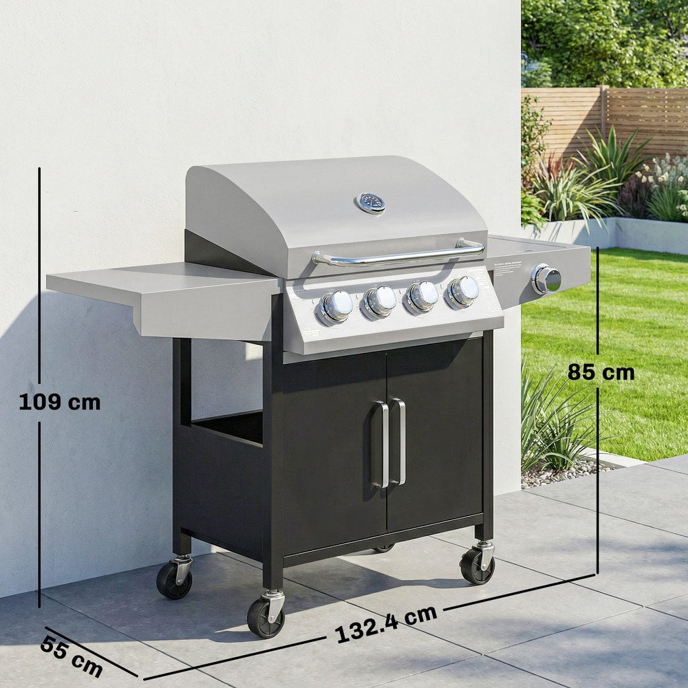 A gas barbecue grill with dimensions shown for height, width and depth