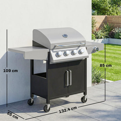 A gas barbecue grill with dimensions shown for height, width and depth