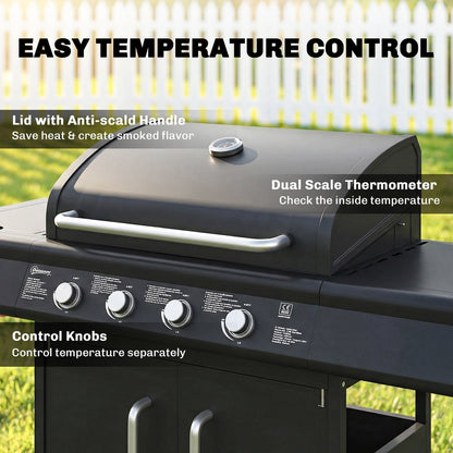 A gas barbecue trolley showing the lid, thermometer and control knobs for temperature adjustment